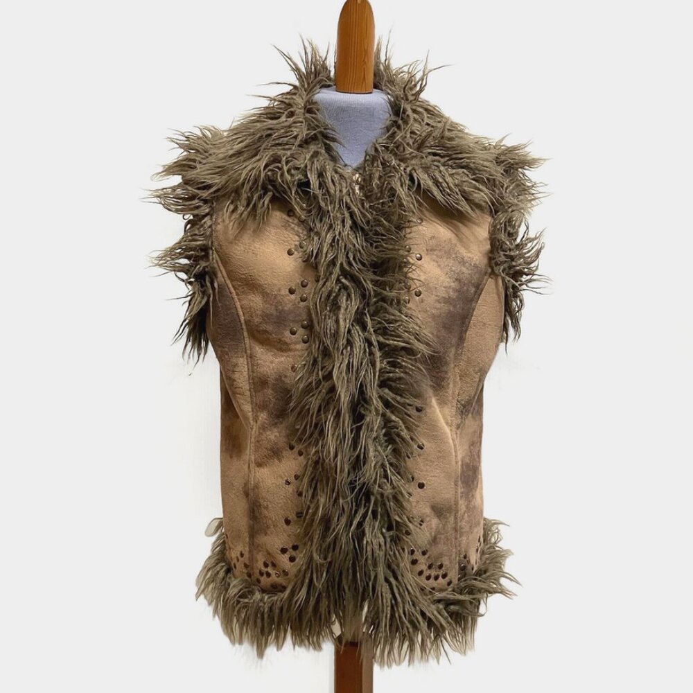 Montanaco Faux Suede Studded Vest w/ Shaggy Fur Trim Full Zip Pockets Tan